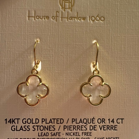NWT House of Harlow 1960 Gold Clover Earrings with Glass Stones - Picture 2 of 4